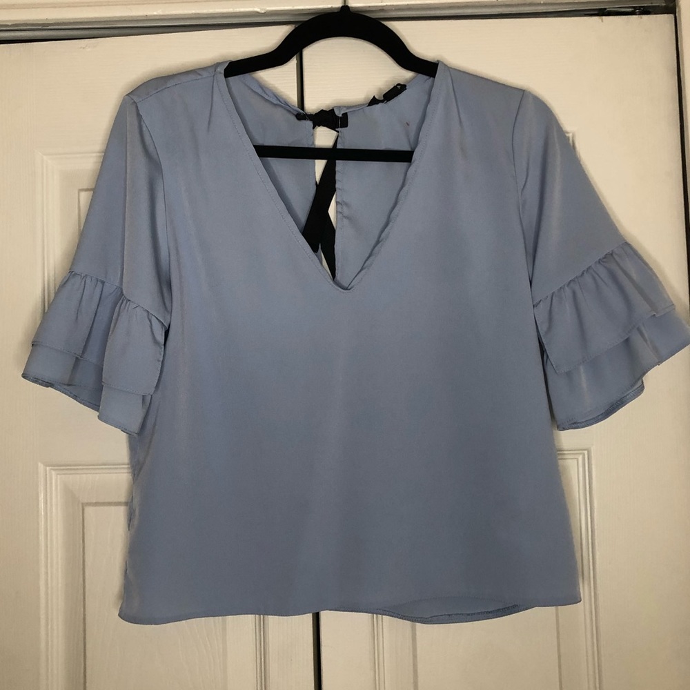 LightBlue Vneck Ruffle Sleeve Bow Back Crop Top